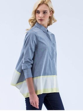 Lacoste Blue Button-Down Shirt with White and Pale Yellow Hem